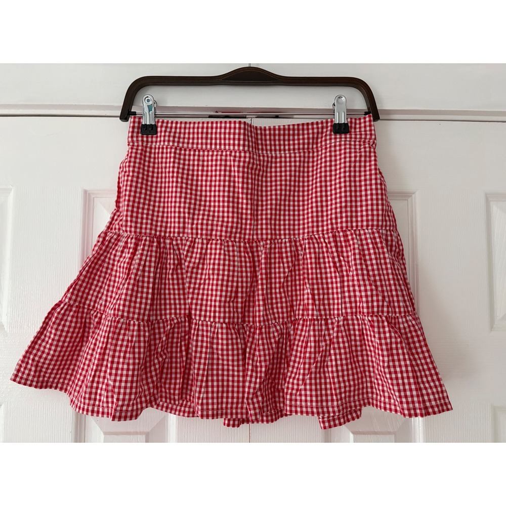 Japna Red White Gingham Tiered Mini Skirt Elastic Waist 81867 SET Size M